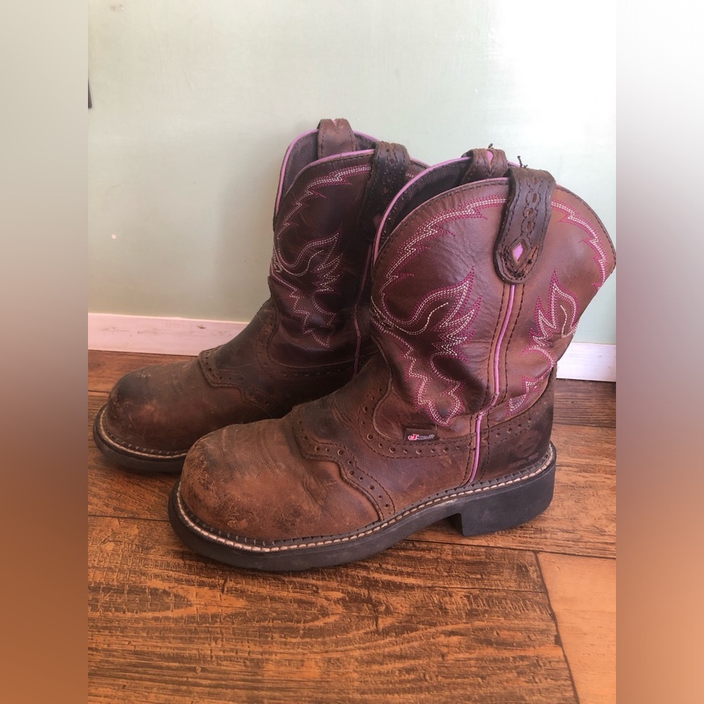 Justin Gypsy Women - Size 7B Brown & Pink Steel Toe Boots Style WKL9980